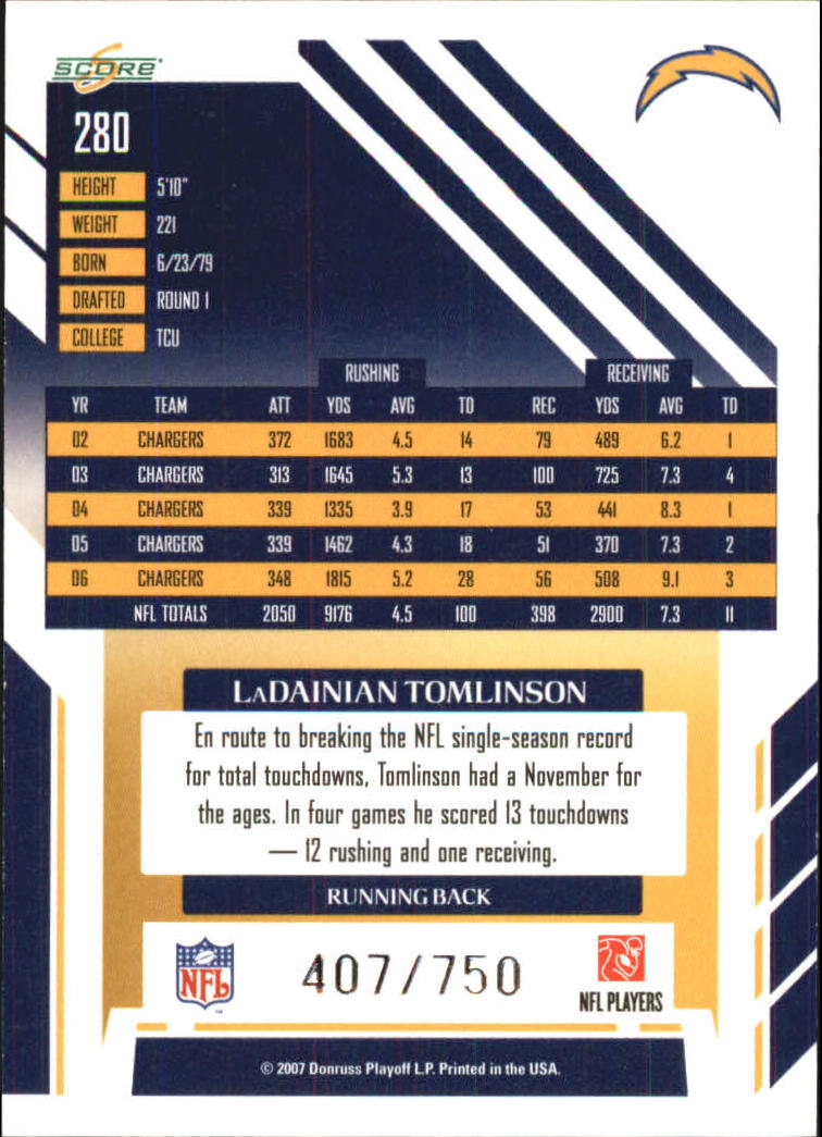 2007 Score Scorecard #280 LaDainian Tomlinson back image