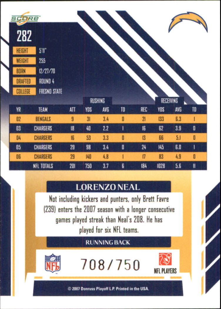 2007 Score Scorecard #282 Lorenzo Neal back image