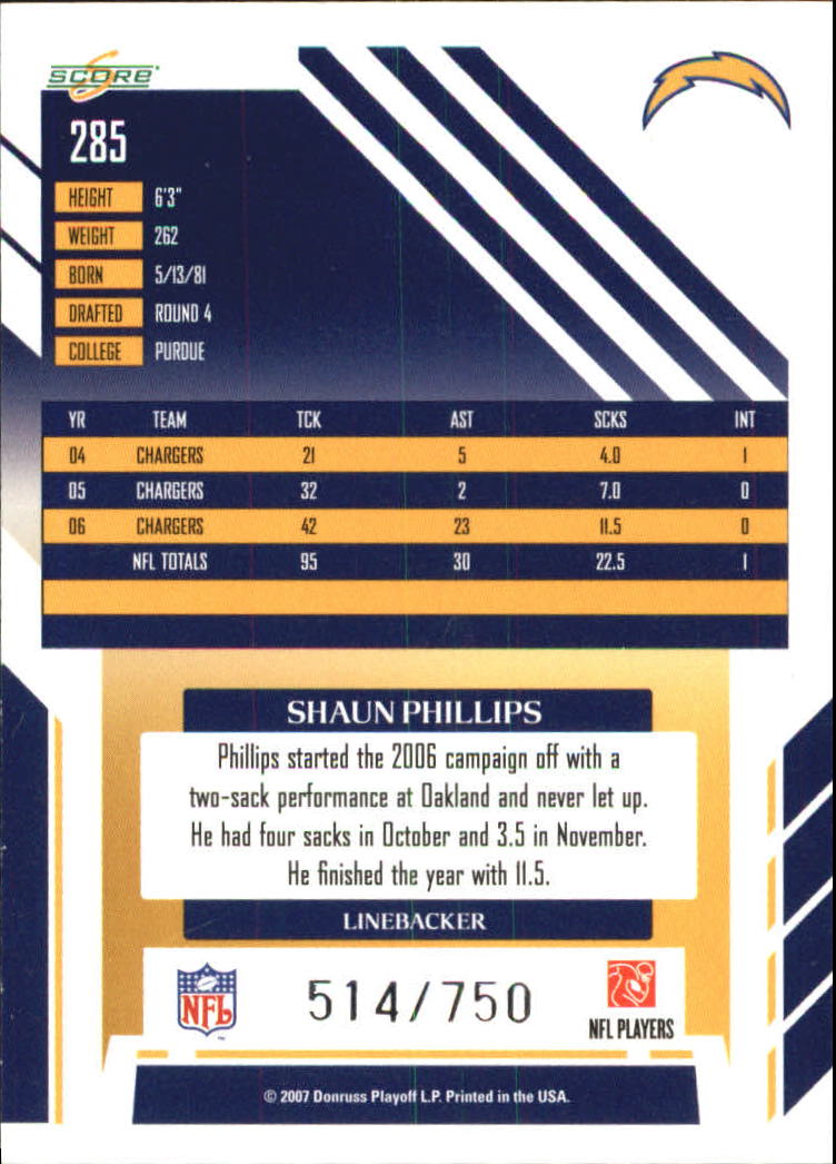 2007 Score Scorecard #285 Shaun Phillips back image