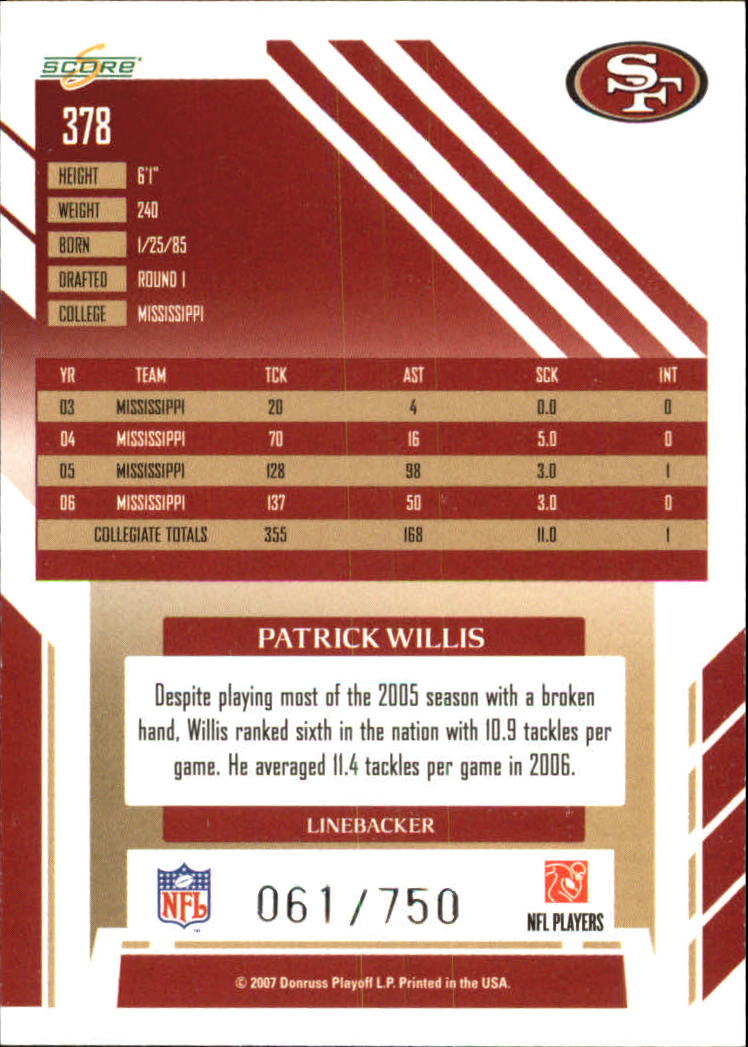 2007 Score Scorecard #378 Patrick Willis back image