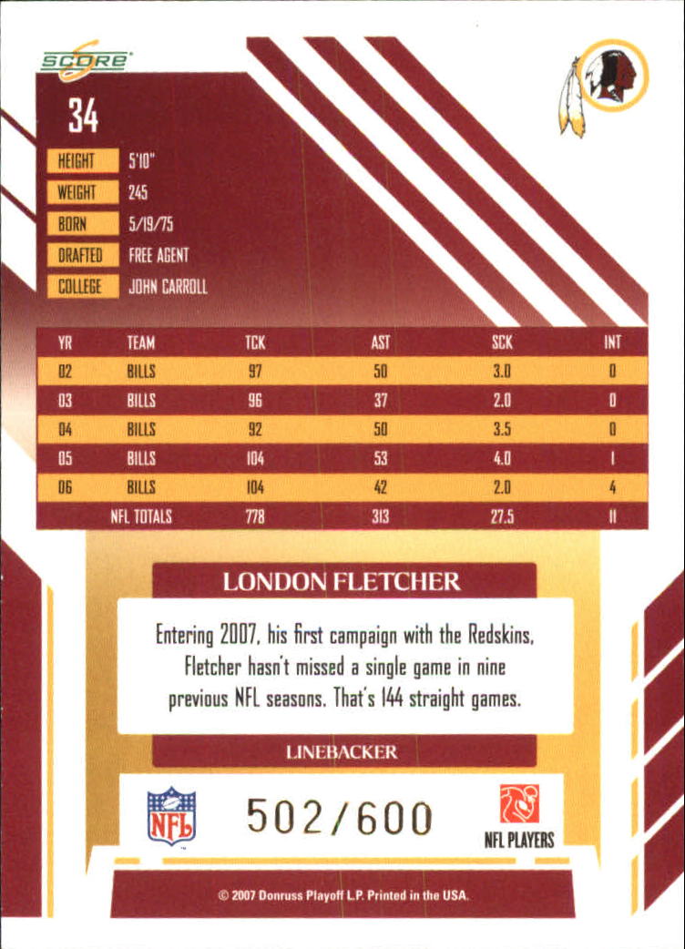 2007 Score Gold Zone #34 London Fletcher back image