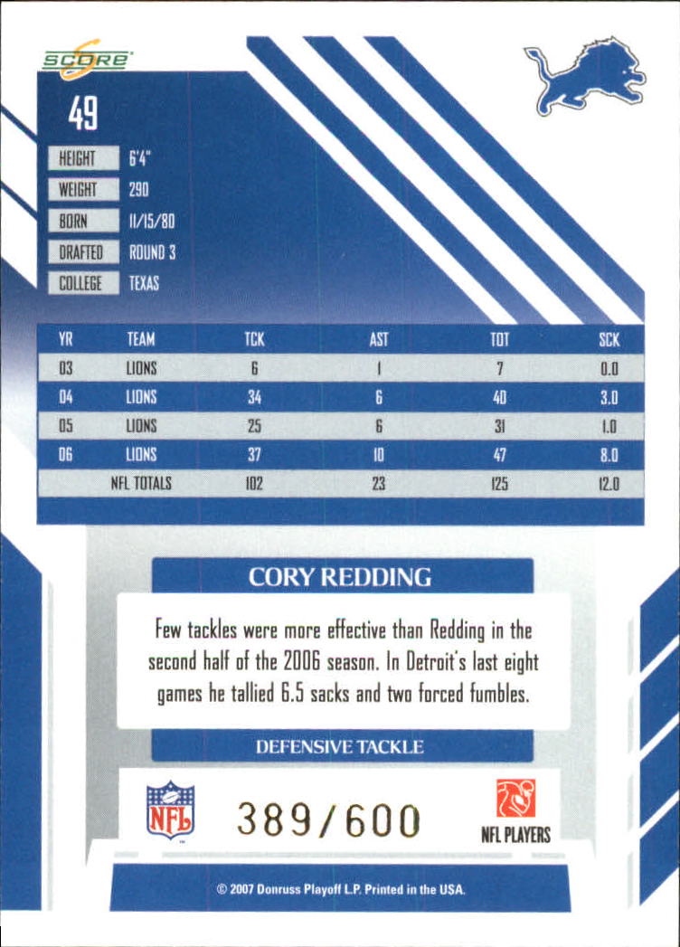 2007 Score Gold Zone #49 Cory Redding back image