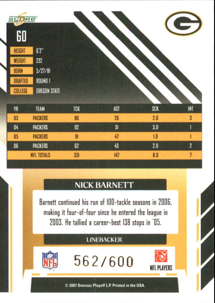 2007 Score Gold Zone #60 Nick Barnett back image