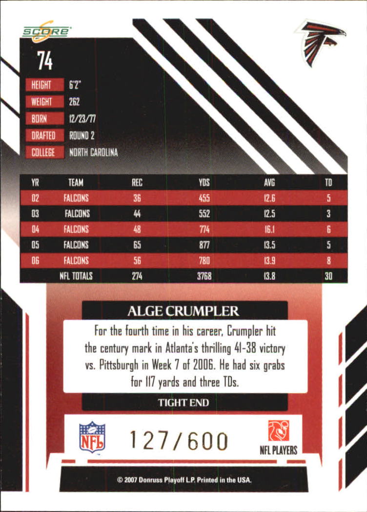 2007 Score Gold Zone #74 Alge Crumpler back image