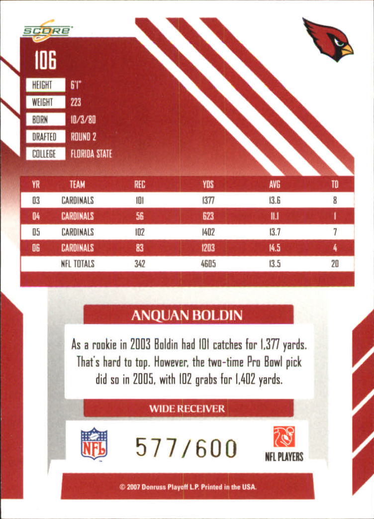 2007 Score Gold Zone #106 Anquan Boldin back image
