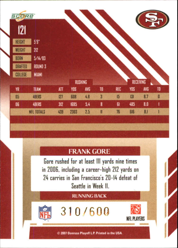2007 Score Gold Zone #121 Frank Gore back image