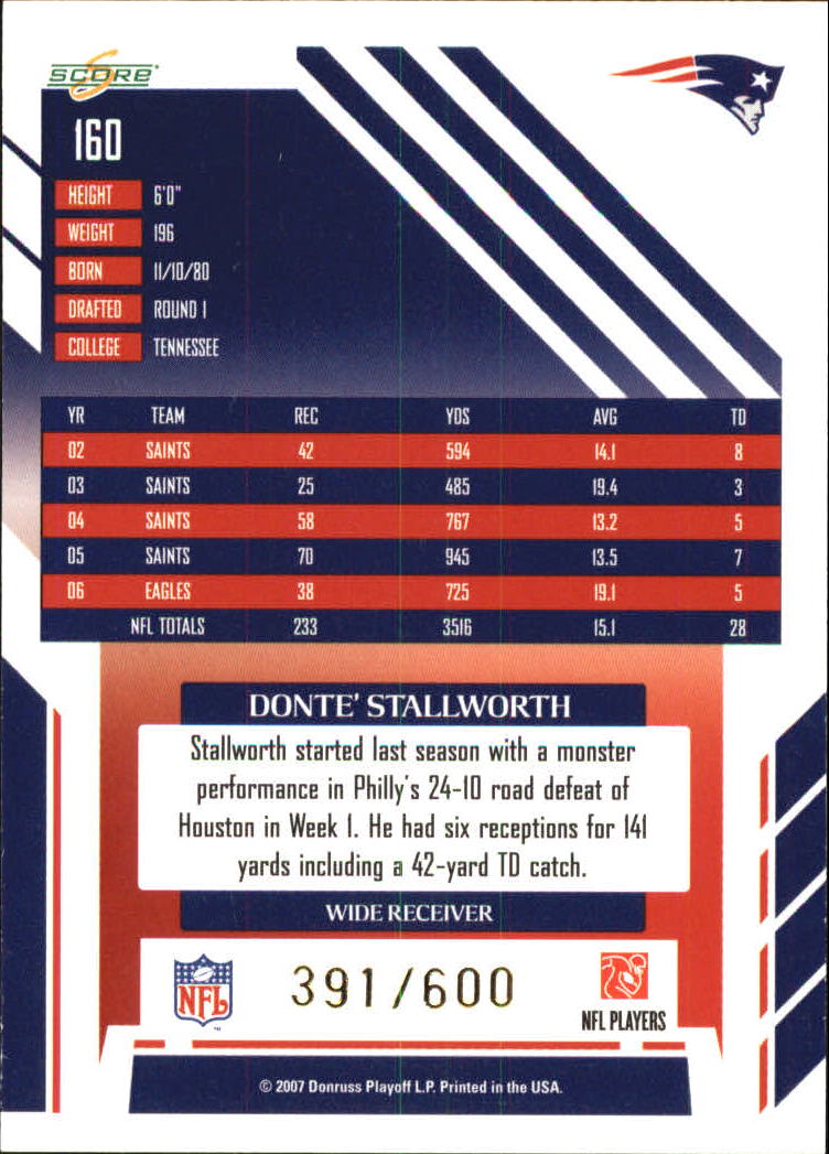 2007 Score Gold Zone #160 Donte Stallworth back image