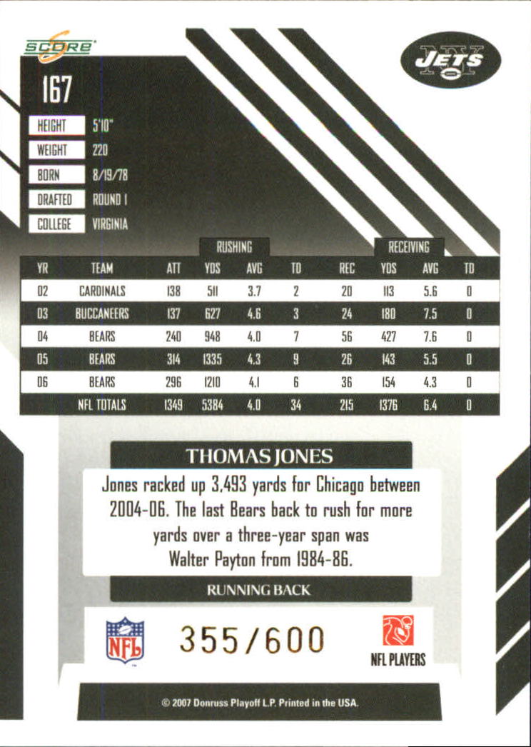 2007 Score Gold Zone #167 Thomas Jones back image