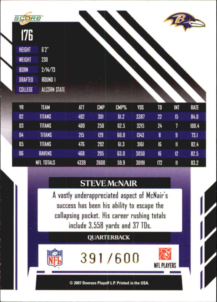 2007 Score Gold Zone #176 Steve McNair back image