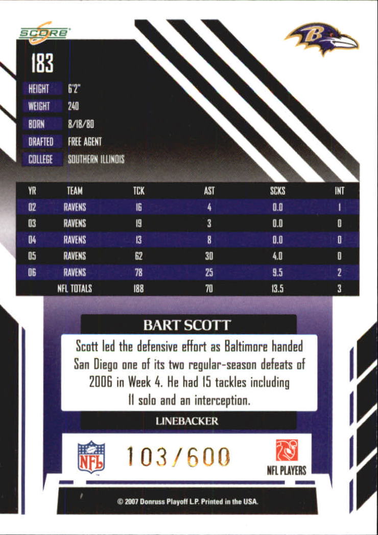 2007 Score Gold Zone #183 Bart Scott back image