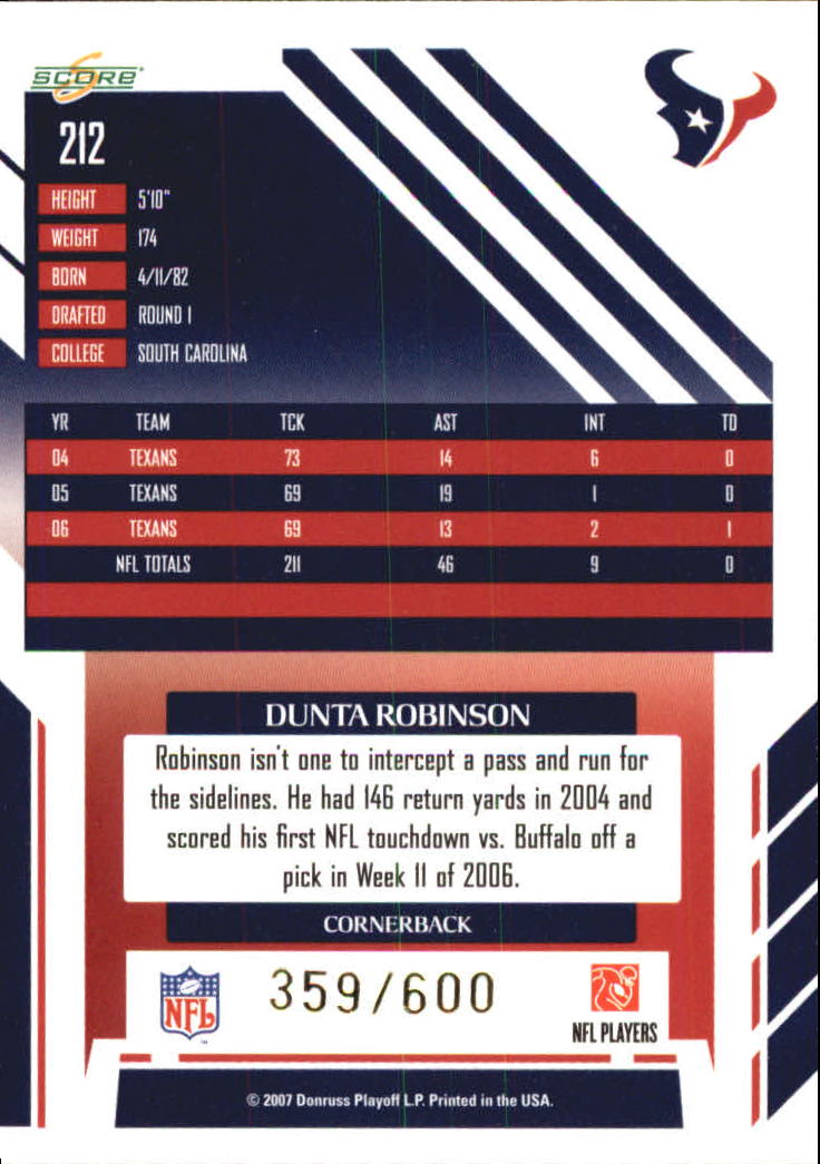 2007 Score Gold Zone #212 Dunta Robinson back image