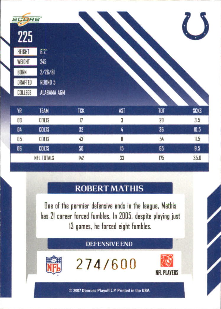 2007 Score Gold Zone #225 Robert Mathis back image