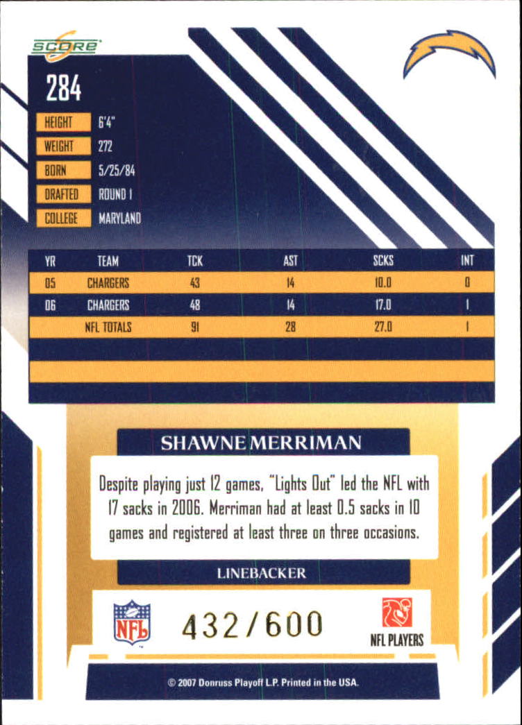 2007 Score Gold Zone #284 Shawne Merriman back image