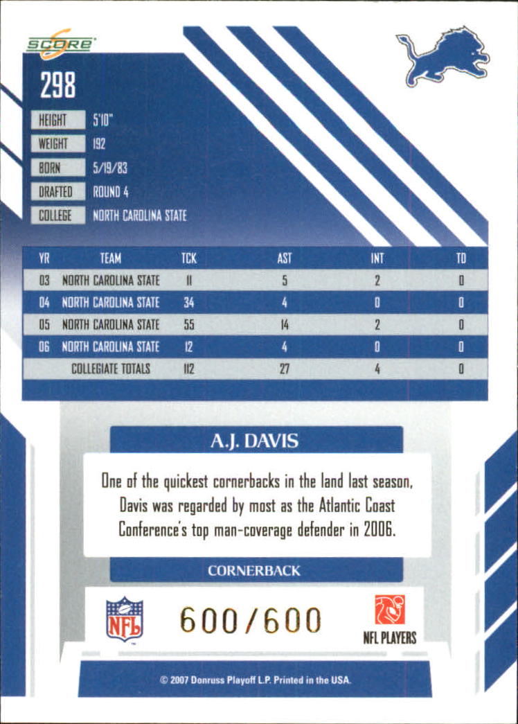 2007 Score Gold Zone #298 A.J. Davis back image