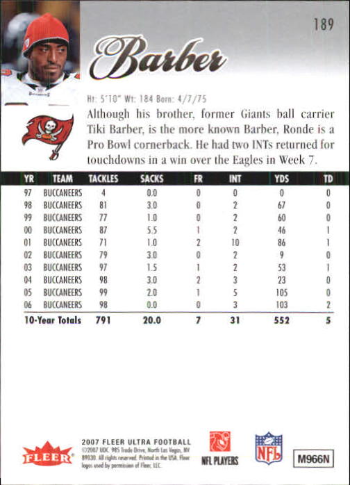 2007 Ultra #189 Ronde Barber back image