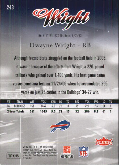 2007 Ultra #243 Dwayne Wright RC back image