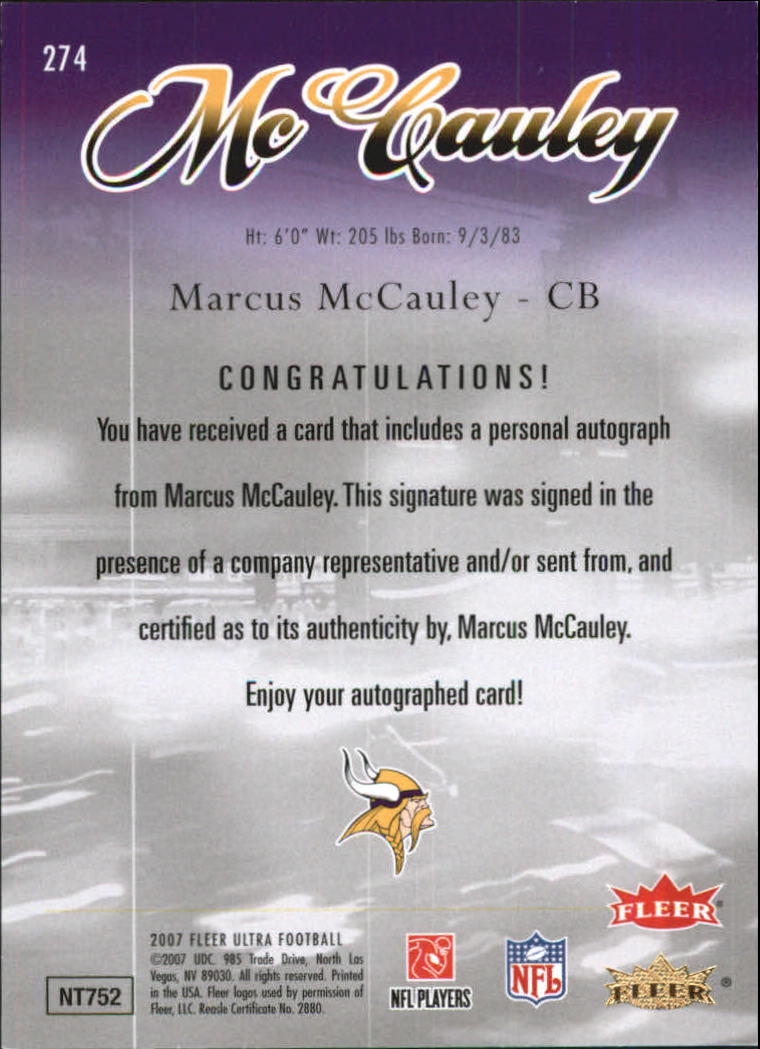 2007 Ultra Rookie Autographs #274 Marcus McCauley back image