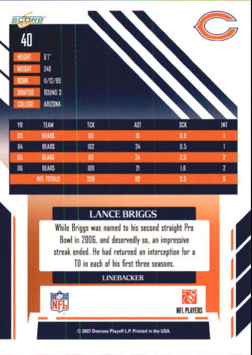 2007 Select #40 Lance Briggs back image