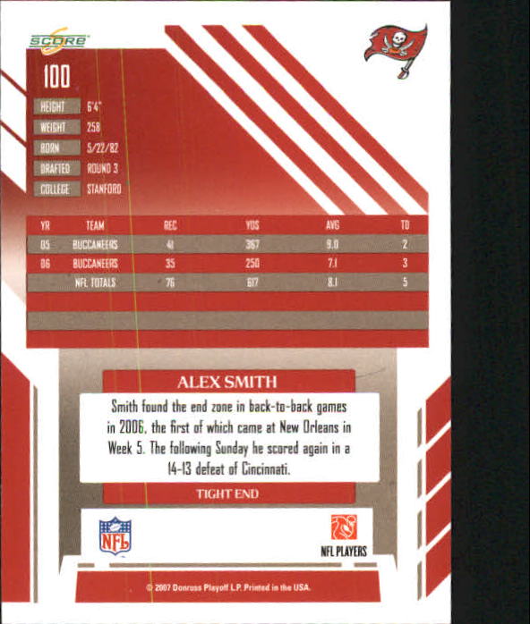 2007 Select #100 Alex Smith TE back image