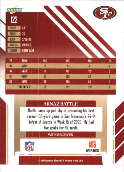 2007 Select #122 Arnaz Battle back image