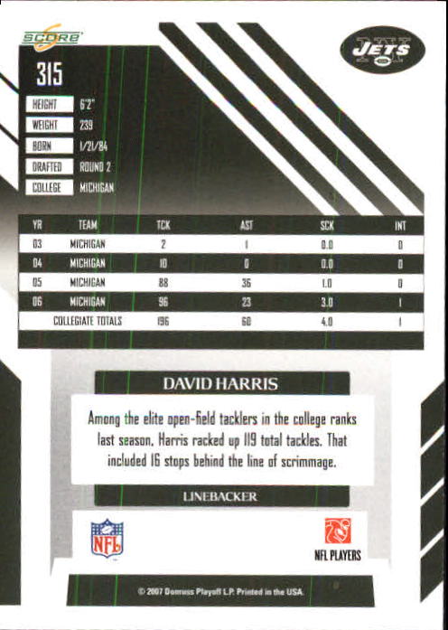 2007 Select #315 David Harris RC back image