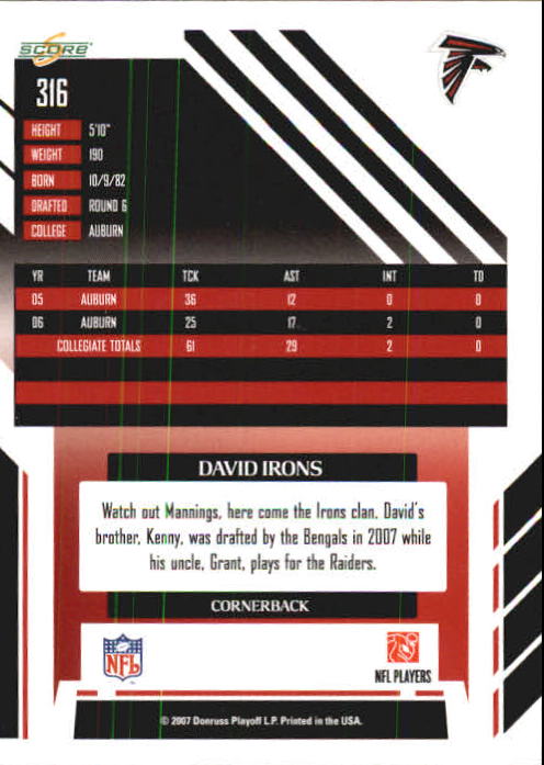 2007 Select #316 David Irons RC back image