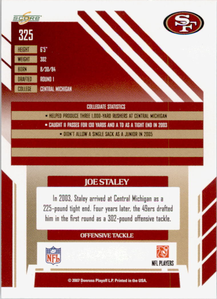 2007 Select #325 Joe Staley RC back image