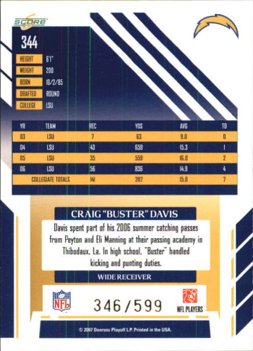 2007 Select #344 Craig Buster Davis RC back image