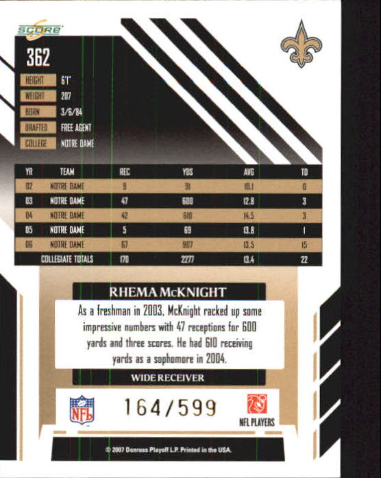 2007 Select #362 Rhema McKnight RC back image