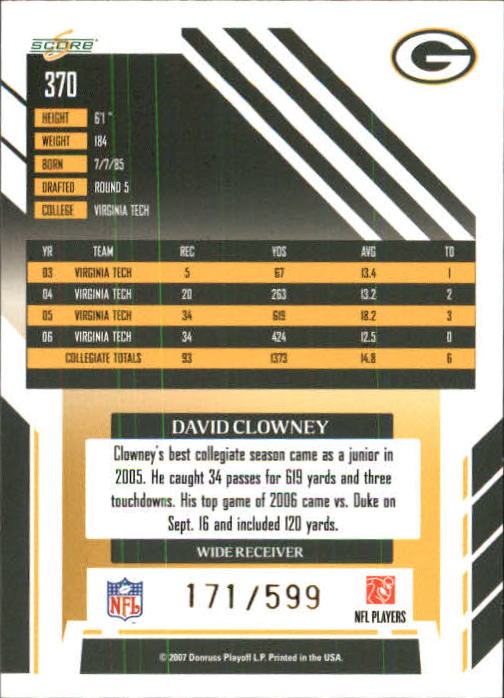 2007 Select #370 David Clowney RC back image