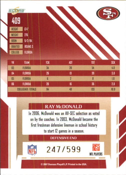 2007 Select #409 Ray McDonald RC back image