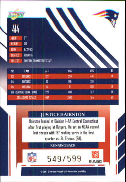 2007 Select #414 Justise Hairston RC back image