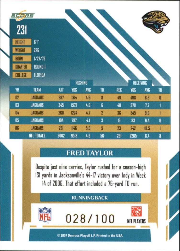 2007 Select Scorecard #231 Fred Taylor back image