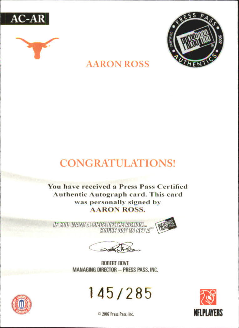 2007 Press Pass Legends All Conference Autographs Gold #ACAR Aaron Ross/235* back image