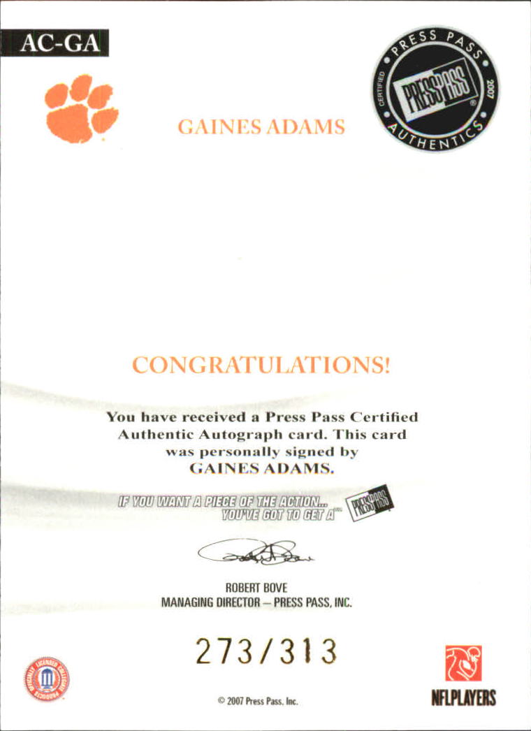 2007 Press Pass Legends All Conference Autographs Gold #ACGA Gaines Adams/303* back image