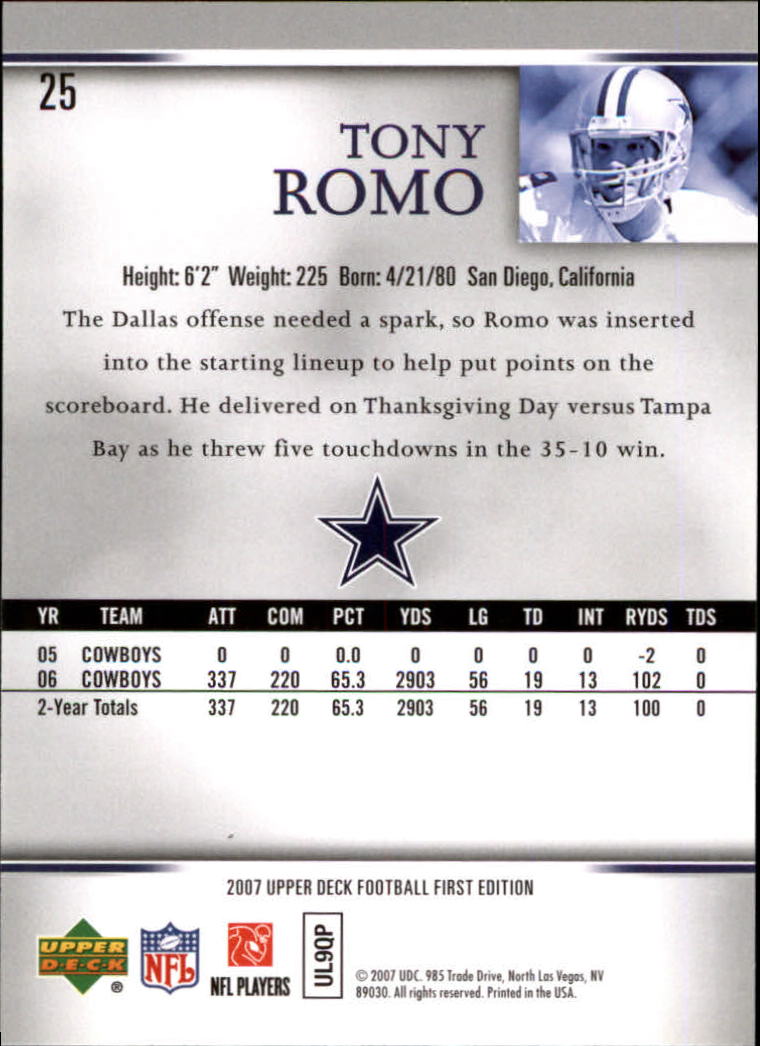 2007 Upper Deck First Edition #25 Tony Romo back image