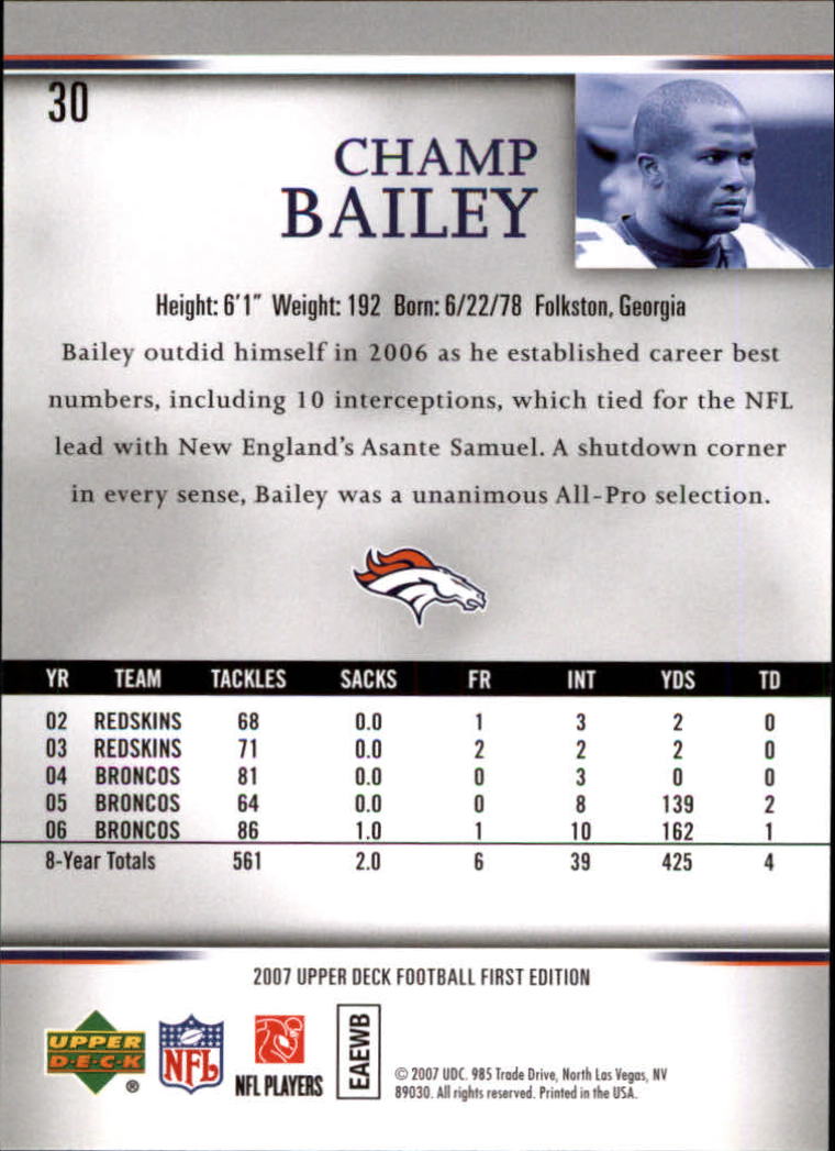 2007 Upper Deck First Edition #30 Champ Bailey back image
