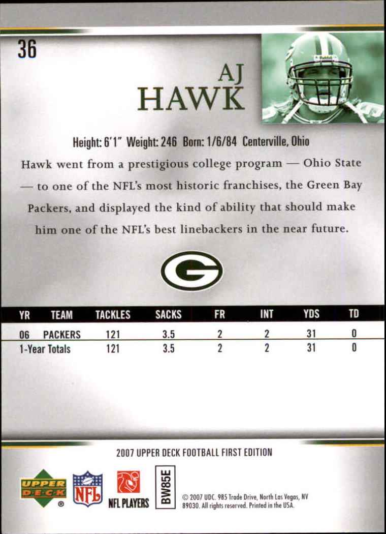 2007 Upper Deck First Edition #36 A.J. Hawk back image