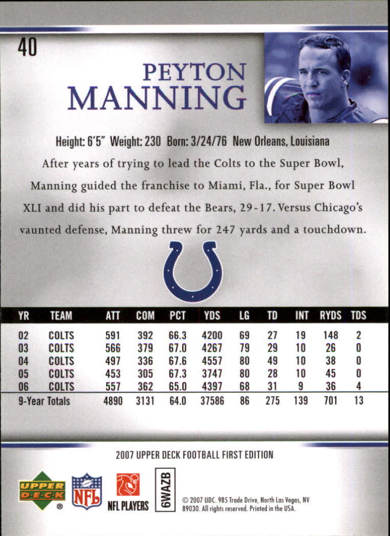 2007 Upper Deck First Edition #40 Peyton Manning back image