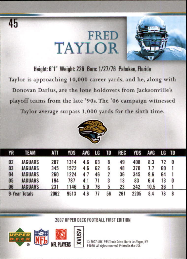 2007 Upper Deck First Edition #45 Fred Taylor back image