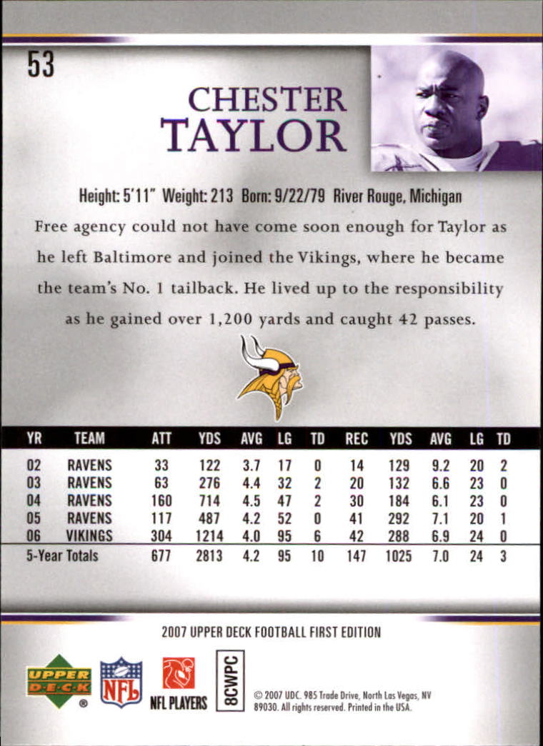 2007 Upper Deck First Edition #53 Chester Taylor back image