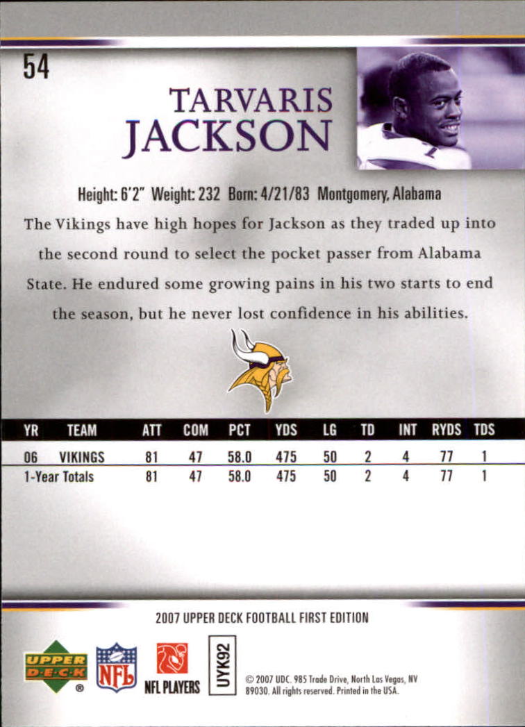 2007 Upper Deck First Edition #54 Tarvaris Jackson back image