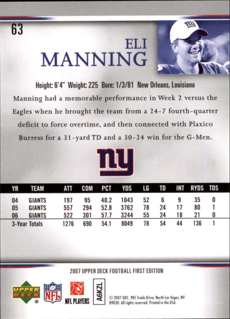 2007 Upper Deck First Edition #63 Eli Manning back image