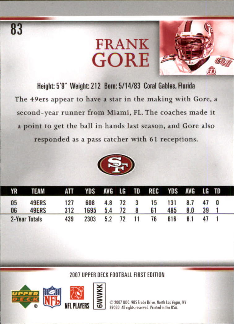 2007 Upper Deck First Edition #83 Frank Gore back image