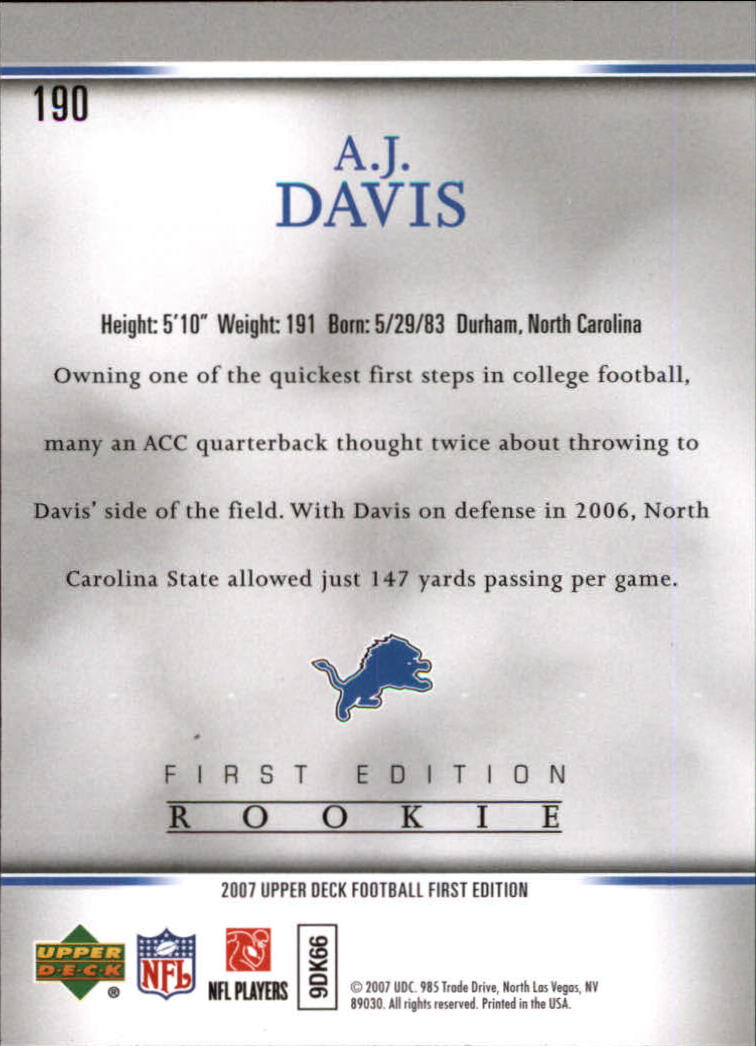 2007 Upper Deck First Edition #190 A.J. Davis RC back image