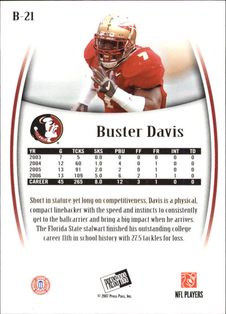 2007 Press Pass Legends Bronze #21 Buster Davis back image