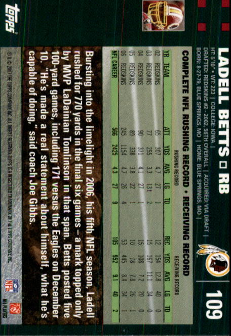 2007 Topps #109 Ladell Betts back image