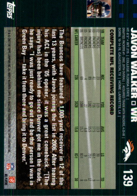 2007 Topps #139 Javon Walker back image