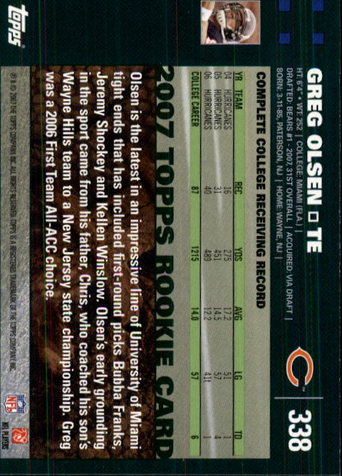 2007 Topps #338 Greg Olsen RC back image