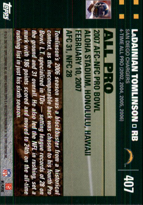 2007 Topps #407 LaDainian Tomlinson PB back image